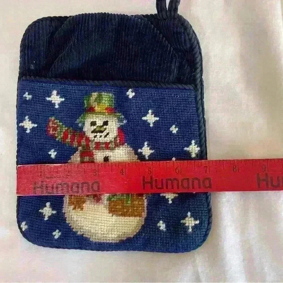 Vintage Needlepoint Blue Snowman Pot Holder Wall Hang Corduroy 9”x7” Christmas - Picture 2 of 5